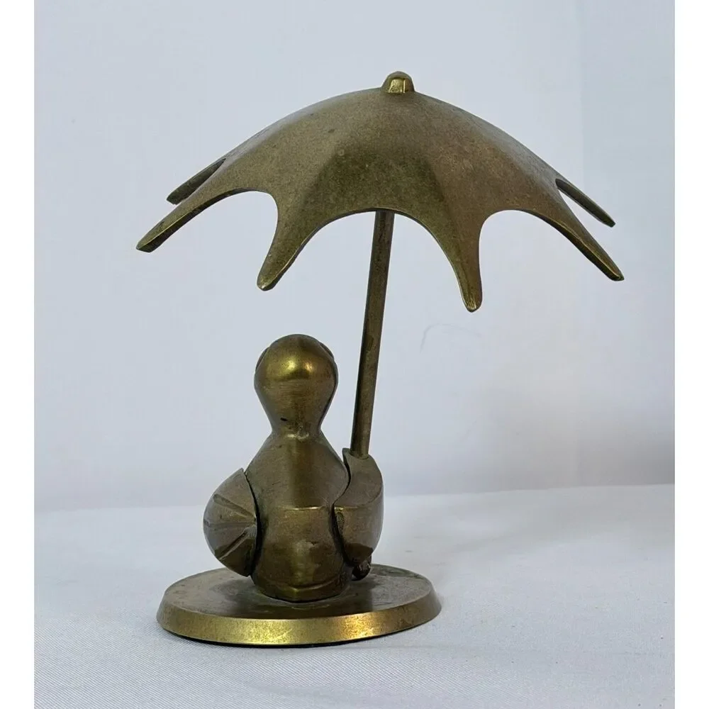 Vintage Brass Rubber Duck Holding Umbrella India Decor Mid Century Decor 5